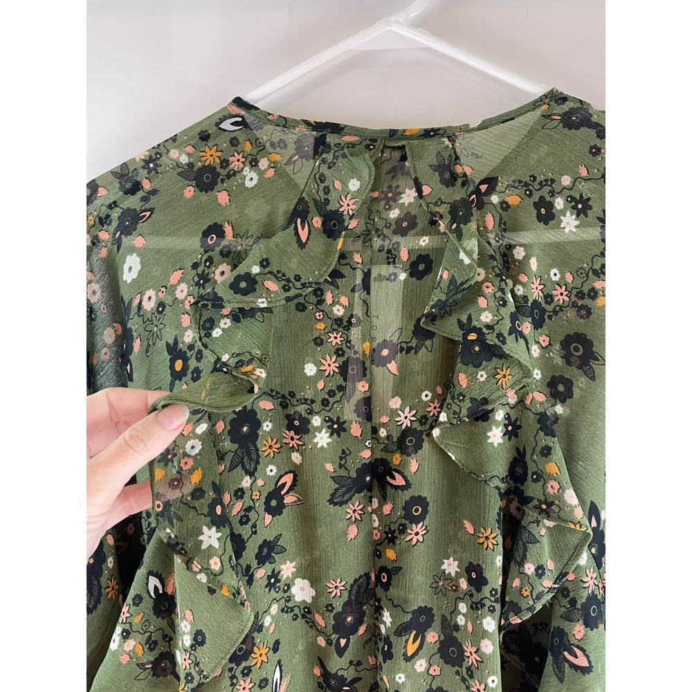 Topshop Blouse Women's Size 4 Green Floral Ruffles Long Sleeve Sheer Soft Top - Picture 5 of 11